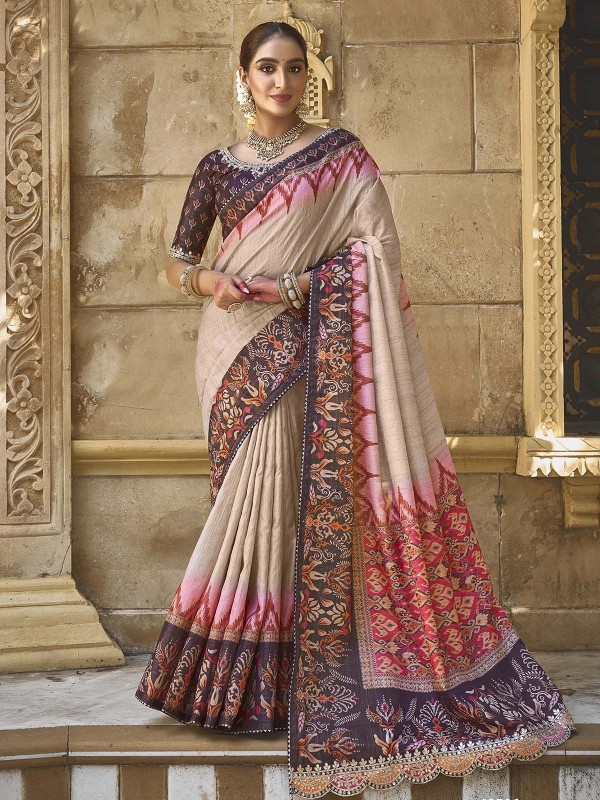 Cream Bhagalpuri Silk Saree